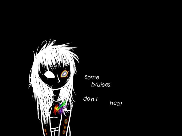 A classic piece of 2000s-era emo digital art that uses a visual metaphor to make the point that some emotional bruises and traumas never truly heal.