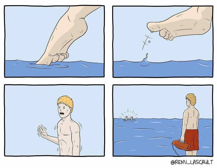 A surreal and scary comic in which a lifeguard on a beach watches in horror as a giant, unseen person begins to play with the swimmers in the ocean as if they were tiny toys.