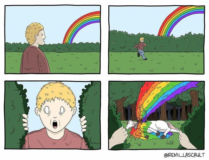 A dark humor comic in which a young boy follows a beautiful rainbow and is horrified to find that it is being violently vomited out of a unicorn.