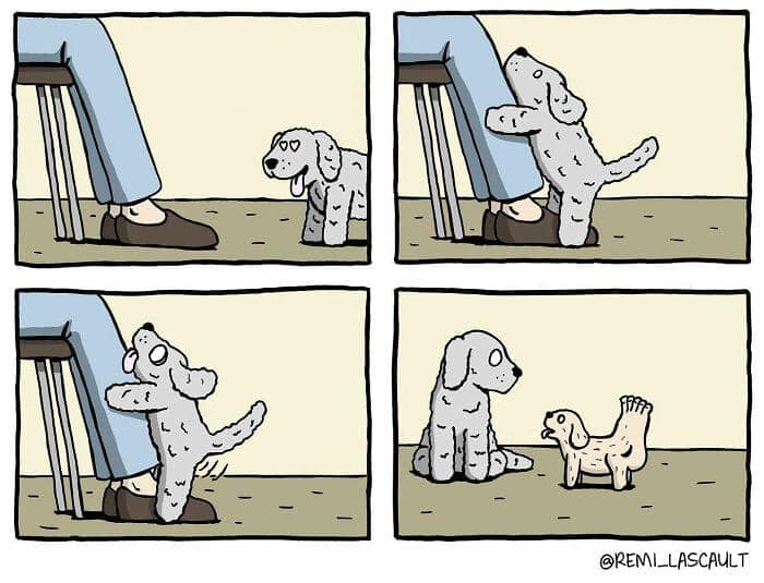 A dark humor comic by Remi Lascault where a dog humps a person's leg and its own back leg horrifyingly transforms into a human foot.