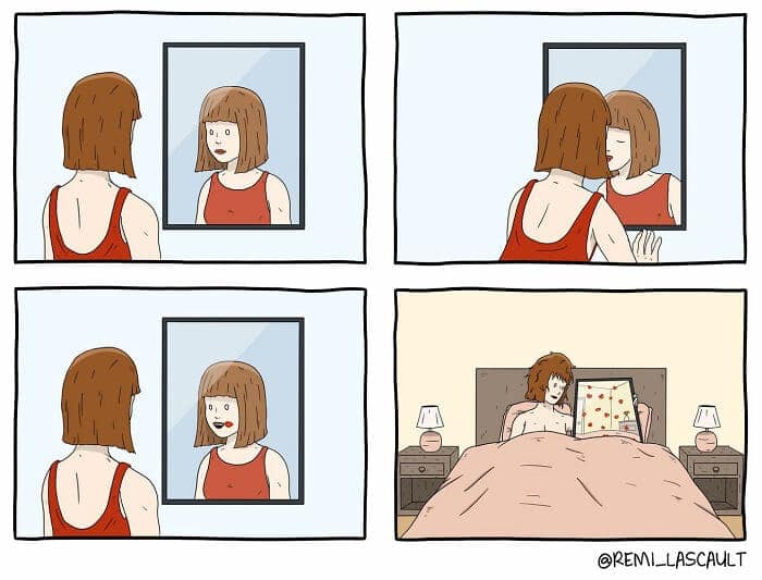 A surreal and wordless comic where a woman kisses her own reflection in a mirror, which then comes to life with lipstick marks, and then she takes the mirror to bed with her.