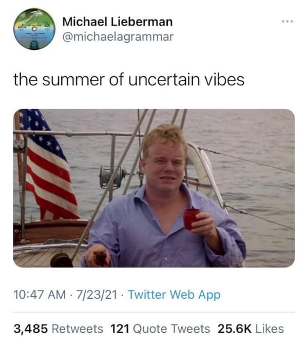 A relatable meme with Philip Seymour Hoffman from the movie "The Master" that perfectly captures the "summer of uncertain vibes."