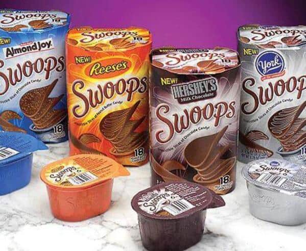 The full product line of Hershey's Swoops, the unique, Pringle-shaped chocolate candy slices from the early 2000s.