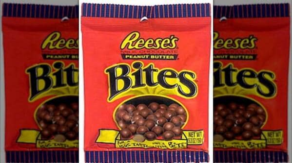 A retro red bag of the discontinued Reese's Bites, which were small, candy-coated peanut butter balls.