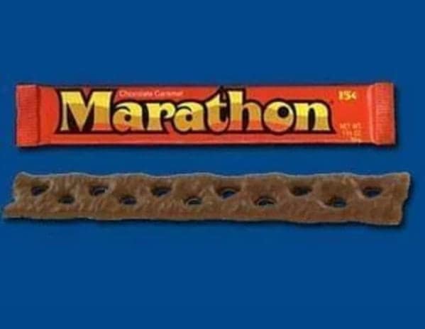 The long, braided chocolate-and-caramel Marathon bar, alongside its iconic orange wrapper that featured a ruler on the back.