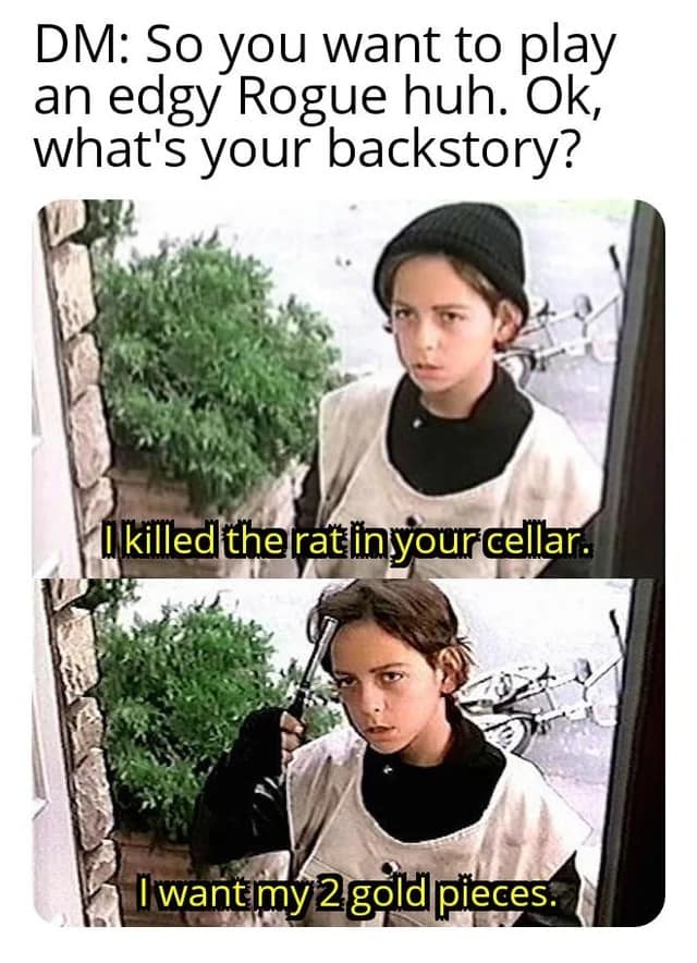 Two-panel meme of a kid in a beanie answering a DM; captions: “I killed the rat in your cellar. I want my 2 gold pieces.”