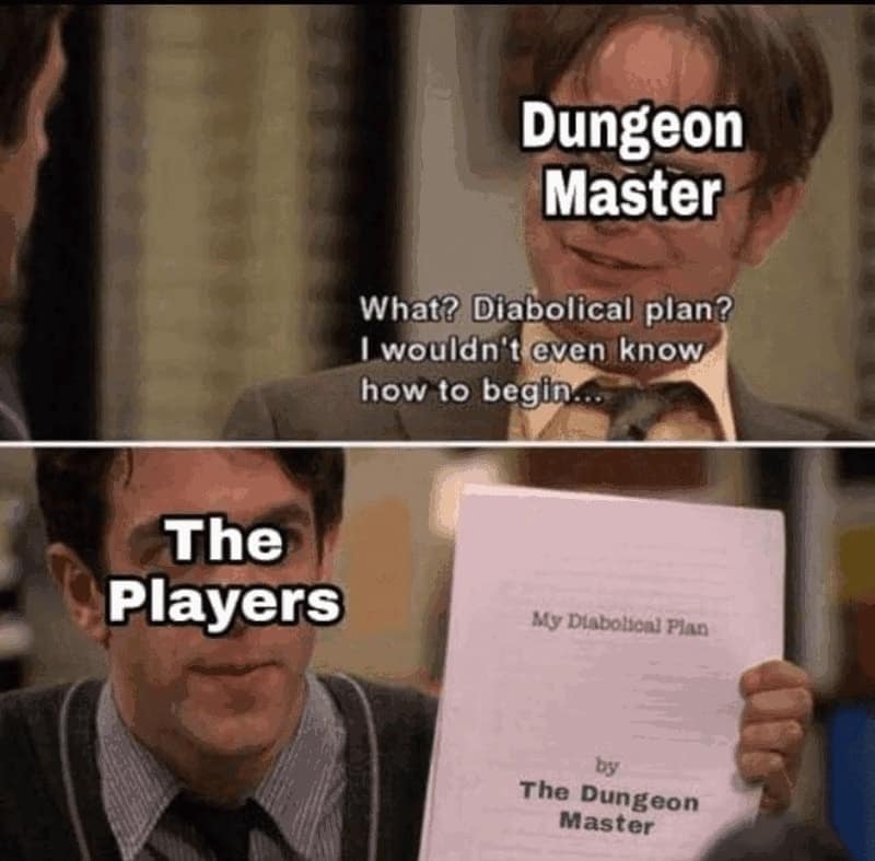 A Dnd meme using "The Office" to show a Dungeon Master hiding their evil plans from the players.
