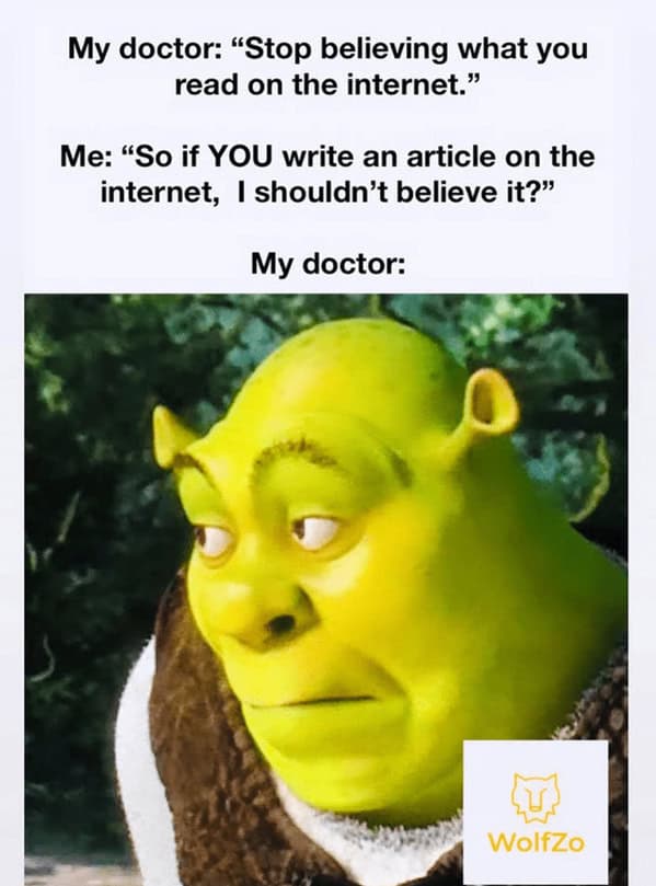 A funny Shrek meme showing a doctor's puzzled reaction after a patient points out a logical flaw in their advice.