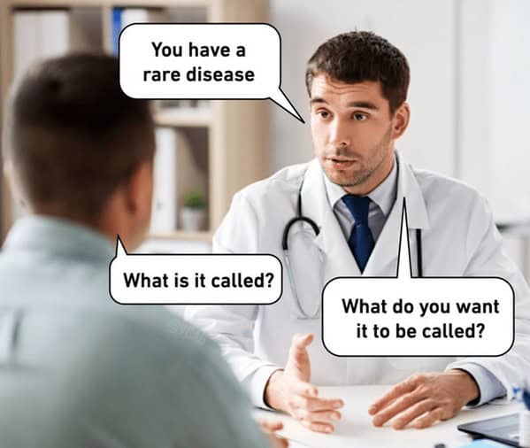 A funny doctor meme about a doctor who has discovered a new, rare disease and lets the very first patient name it.