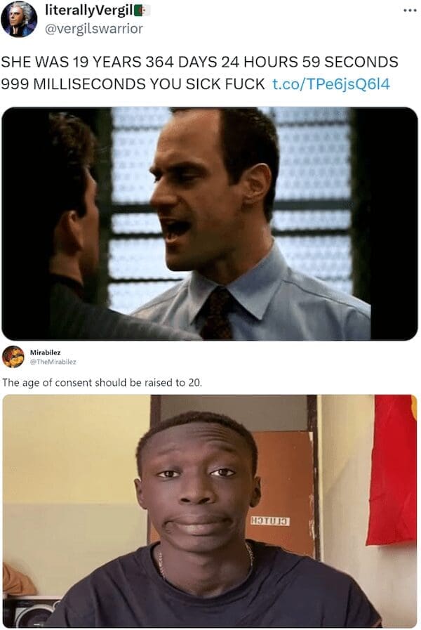 An Elliot Stabler meme overreacting to someone being just a few seconds under 20 years old