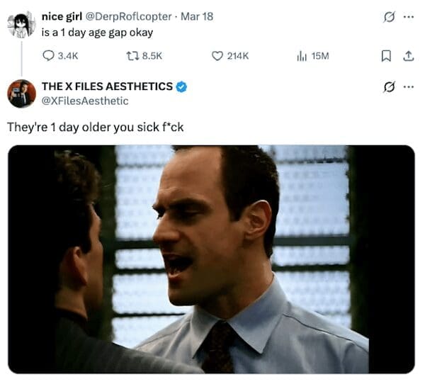 A funny Elliot Stabler meme getting angry about a one-day age gap between two people.