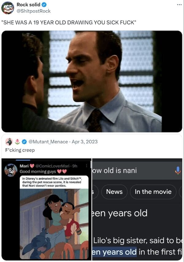 An Elliot Stabler meme reacting angrily to the canonical age of Nani in "Lilo & Stitch."