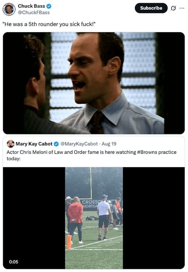 An Elliot Stabler meme getting angry that a player was only a 5th round NFL draft pick.