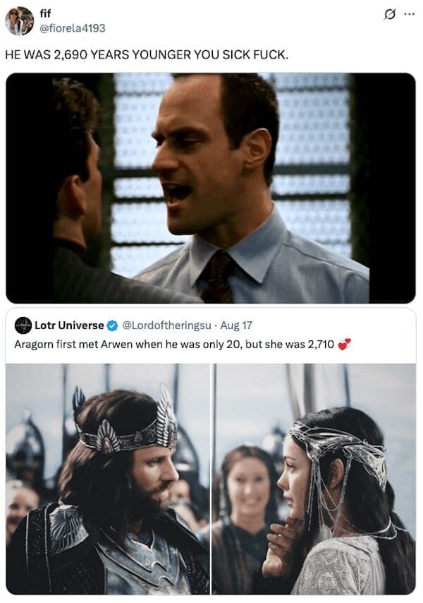 An Elliot Stabler meme reacting to the massive age gap between Aragorn and Arwen in Lord of the Rings
