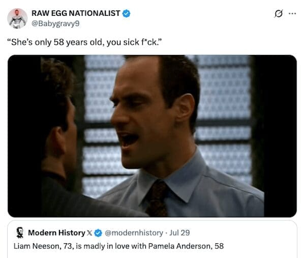 An Elliot Stabler meme yelling about the age gap between Liam Neeson and Pamela Anderson