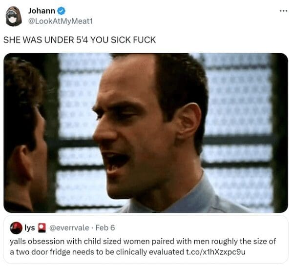 An Elliot Stabler meme reacting to a tweet complaining about short women being paired with tall men