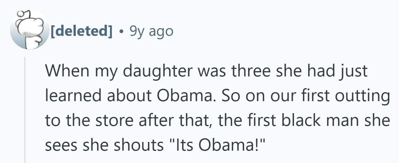 Reddit comment about a parent whose 3-year-old loudly mistakes a stranger for Obama on a store trip.