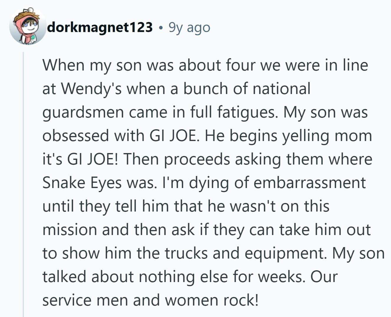 a parent sharing another awkward public blurt from their young child, told years later with humor.