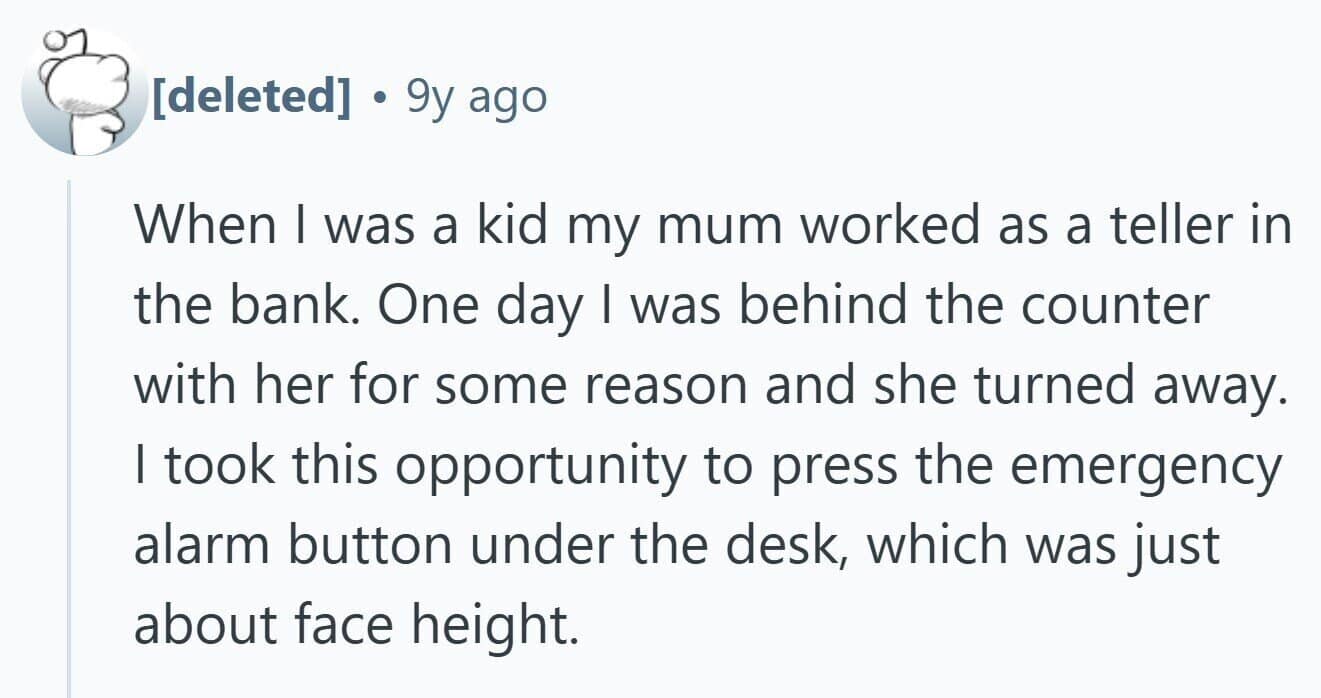 Long comment where a child presses a bank’s emergency alarm button and later calls a leather-clad biker a “pirate.”