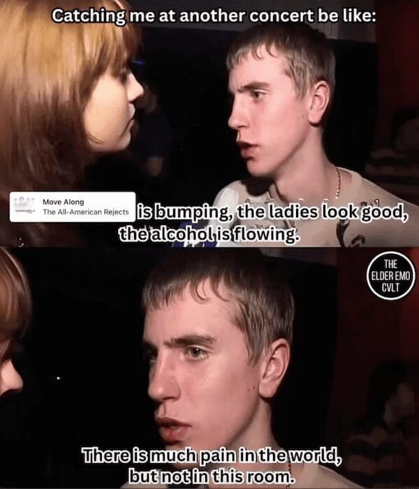 A classic meme from a vintage emo documentary where a young man at a concert says that there is much pain in the world, "but not in this room," while The All-American Rejects plays.