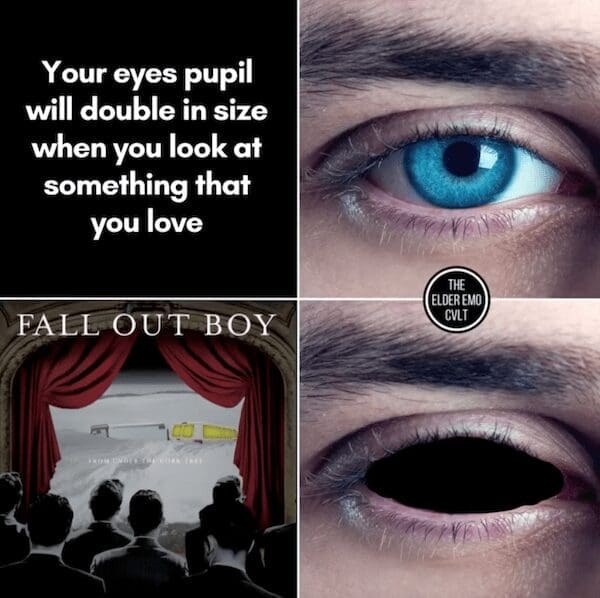A funny four-panel meme showing that a person's pupil will turn into a giant, all-consuming black void when they are looking at the classic Fall Out Boy album "From Under the Cork Tree."