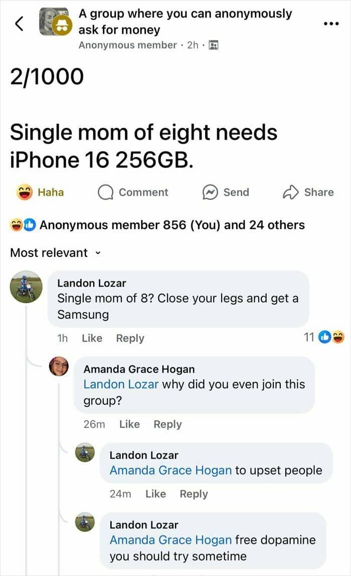 A Facebook post where a single mom of eight asks for a new iPhone, sparking a chaotic argument with a self-proclaimed internet troll.