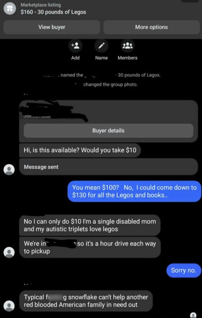A Facebook Marketplace conversation where a buyer offers $10 for a $160 LEGO set, uses a sob story, and then gets angry when rejected.