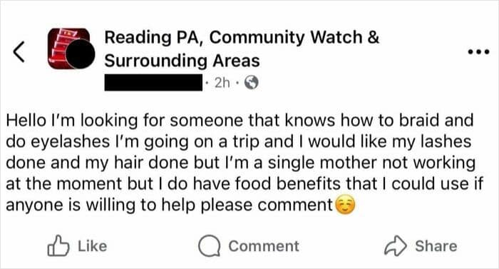 A Facebook post from a single mom who is trying to trade her government food benefits for hair braiding and eyelash extensions for her vacation