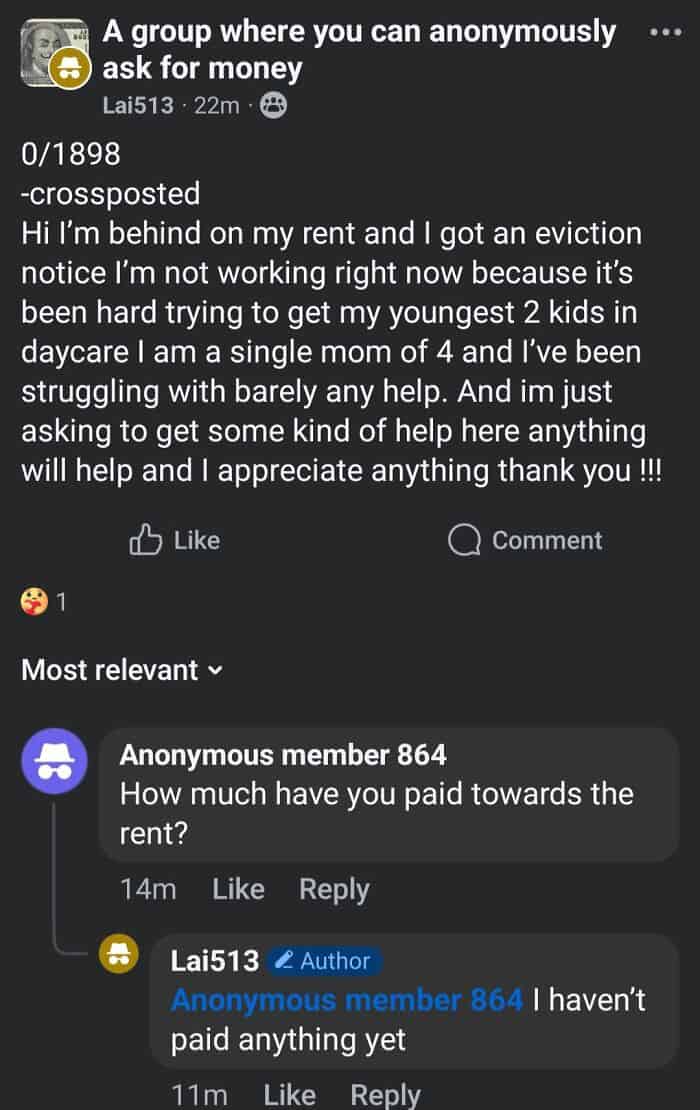 A Facebook post where a single mom is asking for help with rent and then admits in the comments that she has not paid any of it herself yet.