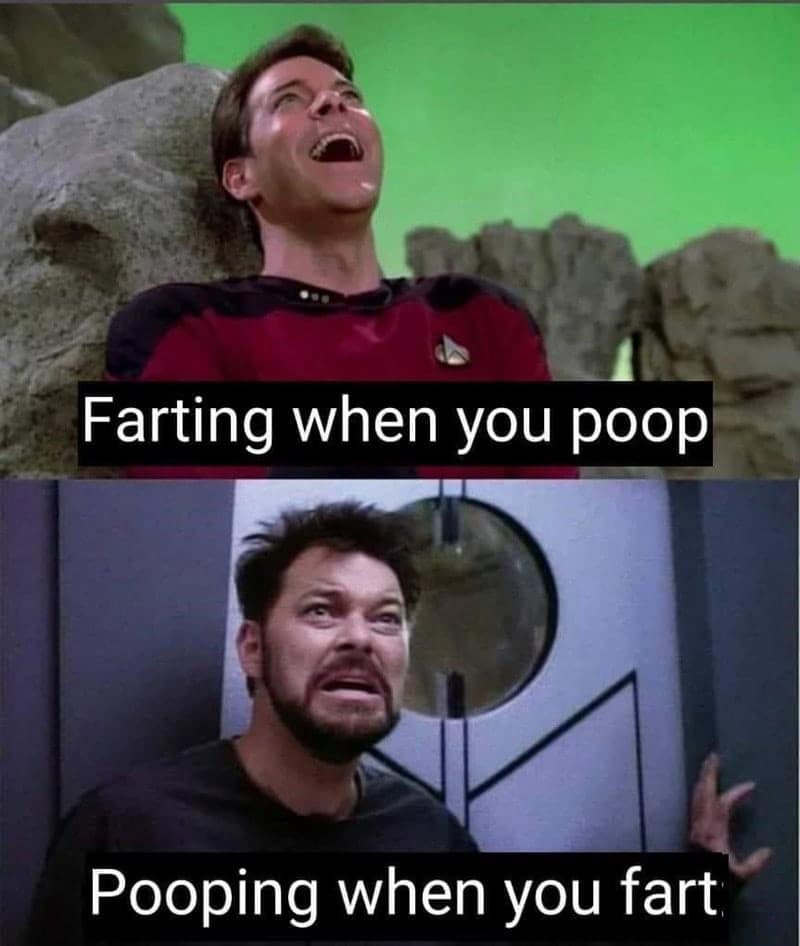 A Star Trek meme with Commander Riker showing the difference between farting while pooping and pooping while farting.