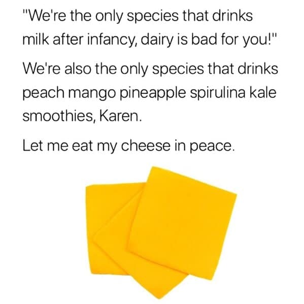Square slices of processed cheese beside text defending dairy against trendy smoothie combos.