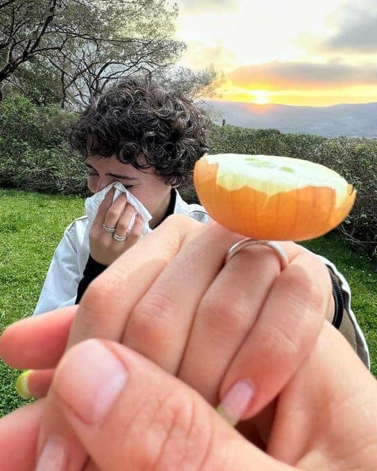 A food meme of a marriage proposal, but the engagement ring is actually a half-eaten onion.