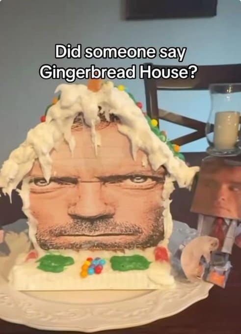 A funny food meme of a gingerbread house that has been decorated with the face of Dr. Gregory House.