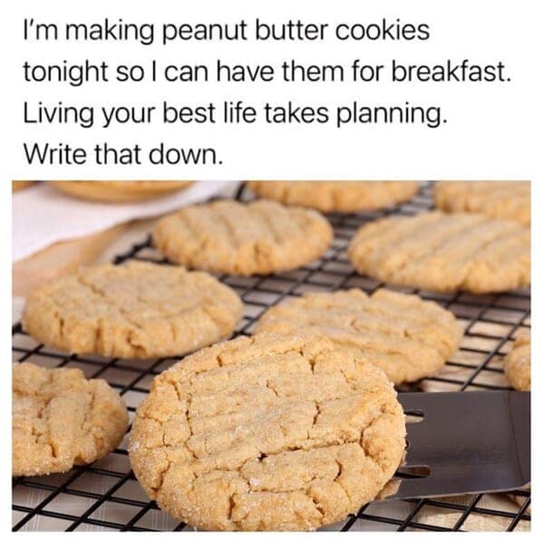 Cooling rack of sugar-crusted peanut butter cookies; caption vows to bake them for breakfast