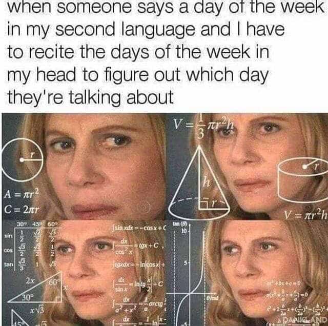 The "confused math lady" meme, used to represent the mental calculation required to figure out the days of the week in a second language.