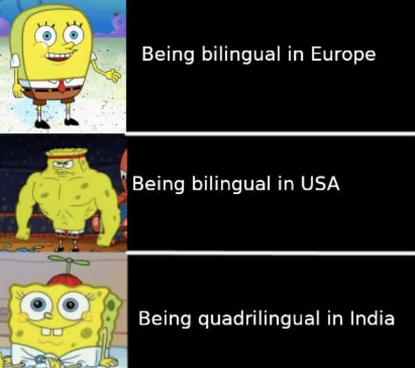 A three-panel SpongeBob meme that hilariously compares the different social values of being bilingual in Europe, the USA, and India.
