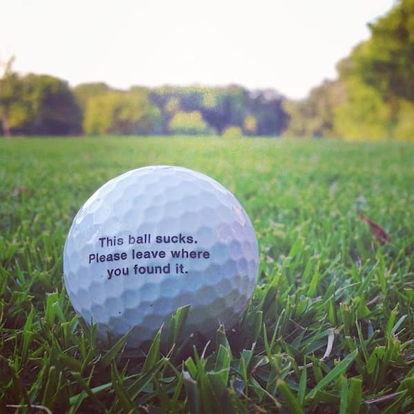 A funny found golf ball with a message asking you to please leave it where you found it because it sucks.