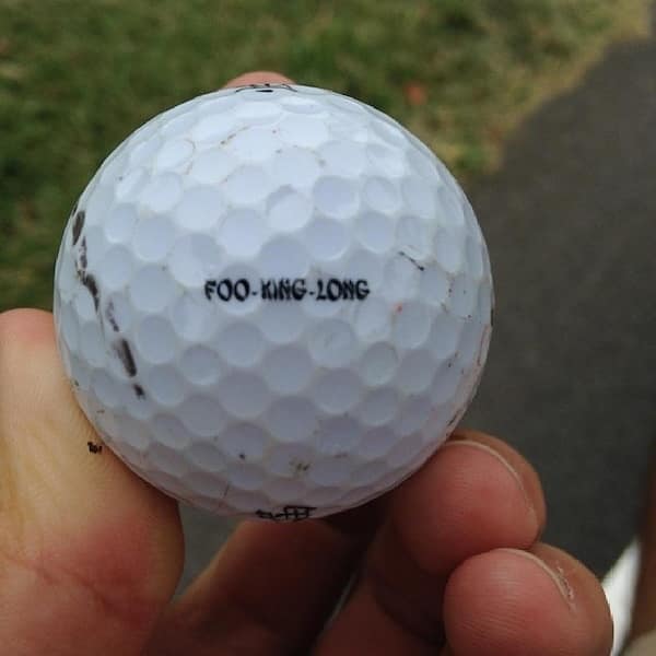 A funny golf ball with a crude and hilarious pun, "FOO-KING-LONG," printed on the side of it in black letters.
