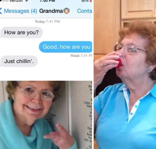 A funny collage showing a grandma's text message that she is "just chillin'," which is accompanied by several photos of her taking a Jell-O shot.