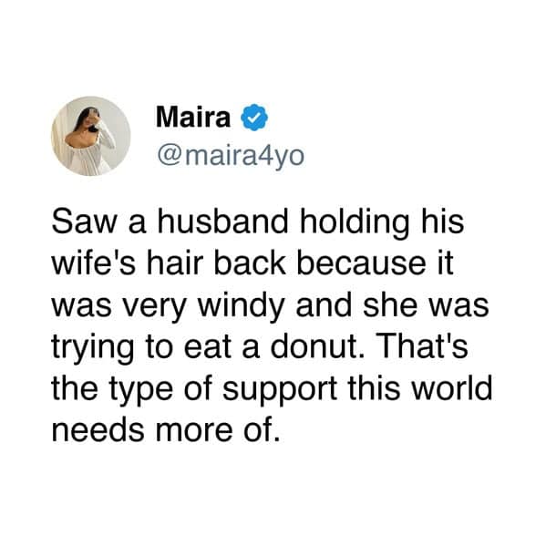 A wholesome and romantic tweet about a user seeing a husband holding his wife's hair back from the wind so she could eat a donut.