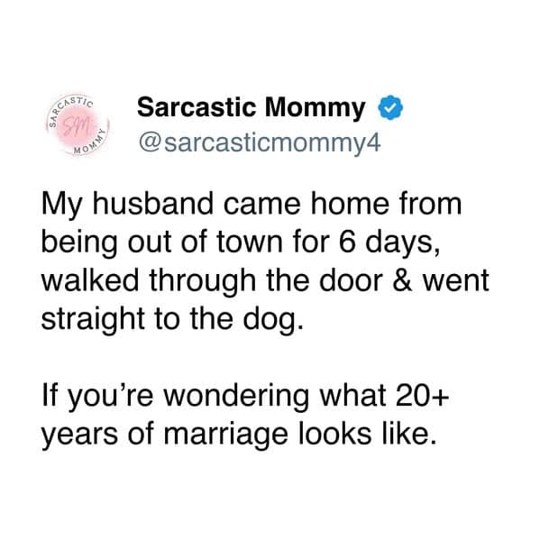 A funny and relatable tweet from Sarcastic Mommy about her husband greeting the dog before her after being away for six days.