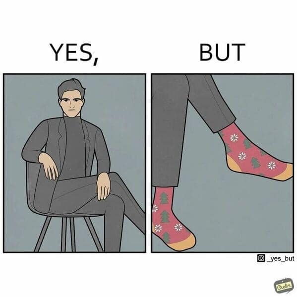 A funny comic strip showing a well-dressed man who is secretly wearing fun and festive Christmas socks.