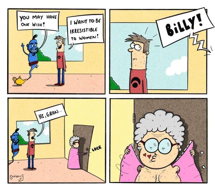 A genie grants a wish; the man asks to be irresistible to women—then Grandma bursts in and starts fawning over him.