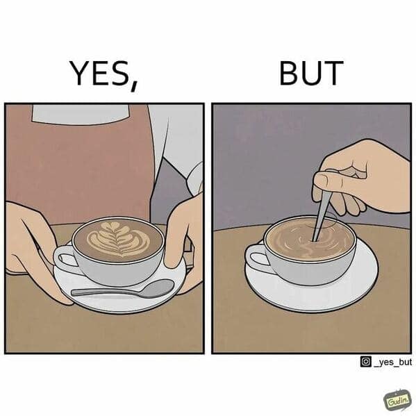 A funny comic strip about the bittersweet moment of destroying beautiful latte art by stirring your coffee.