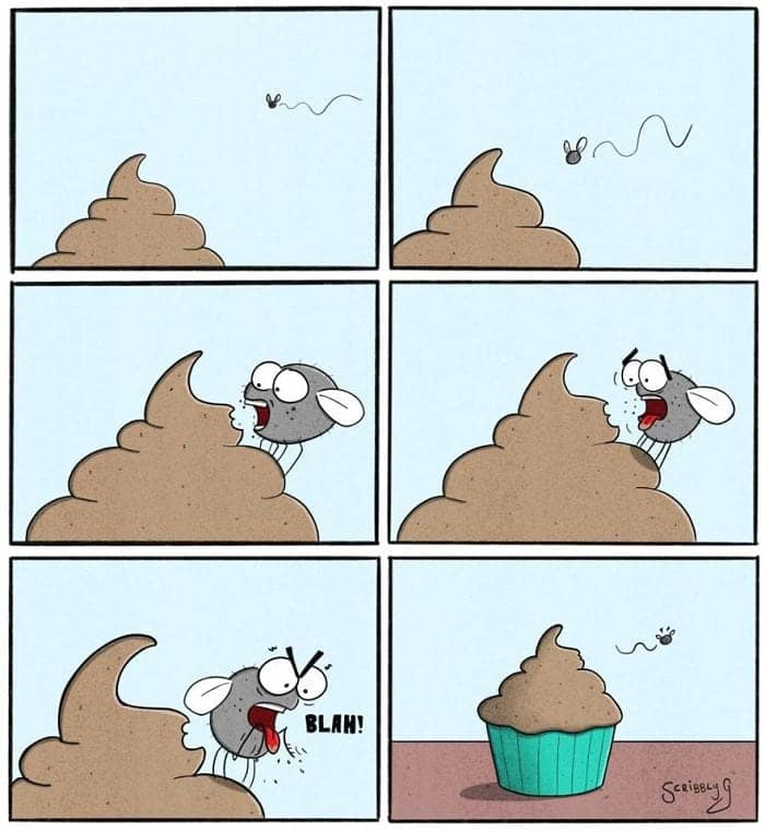A fly excitedly approaches a poop-shaped mound, tastes it, recoils; last panel reveals it’s just a chocolate cupcake.