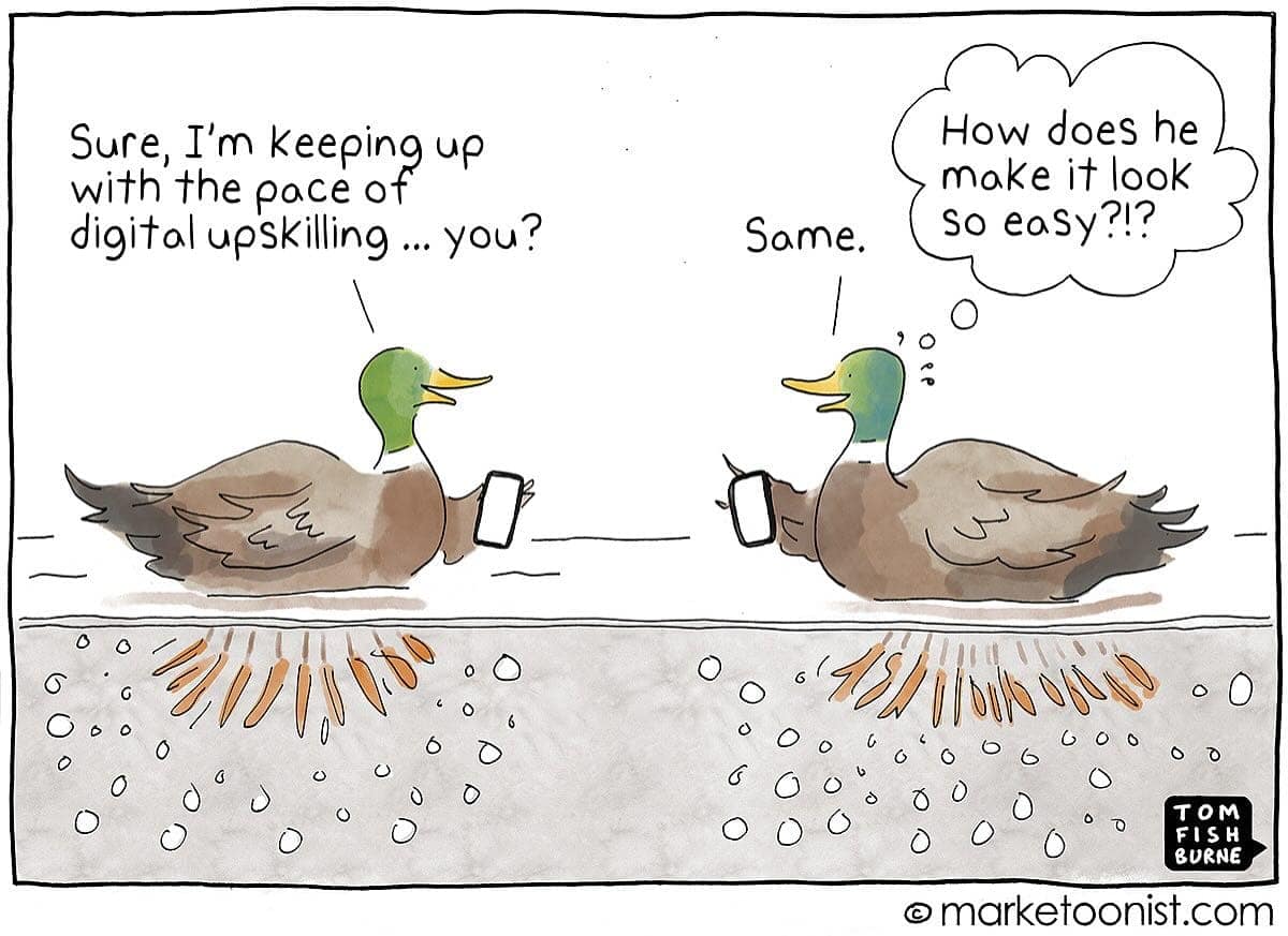Two ducks holding phones glide calmly while paddling frantically beneath the water.