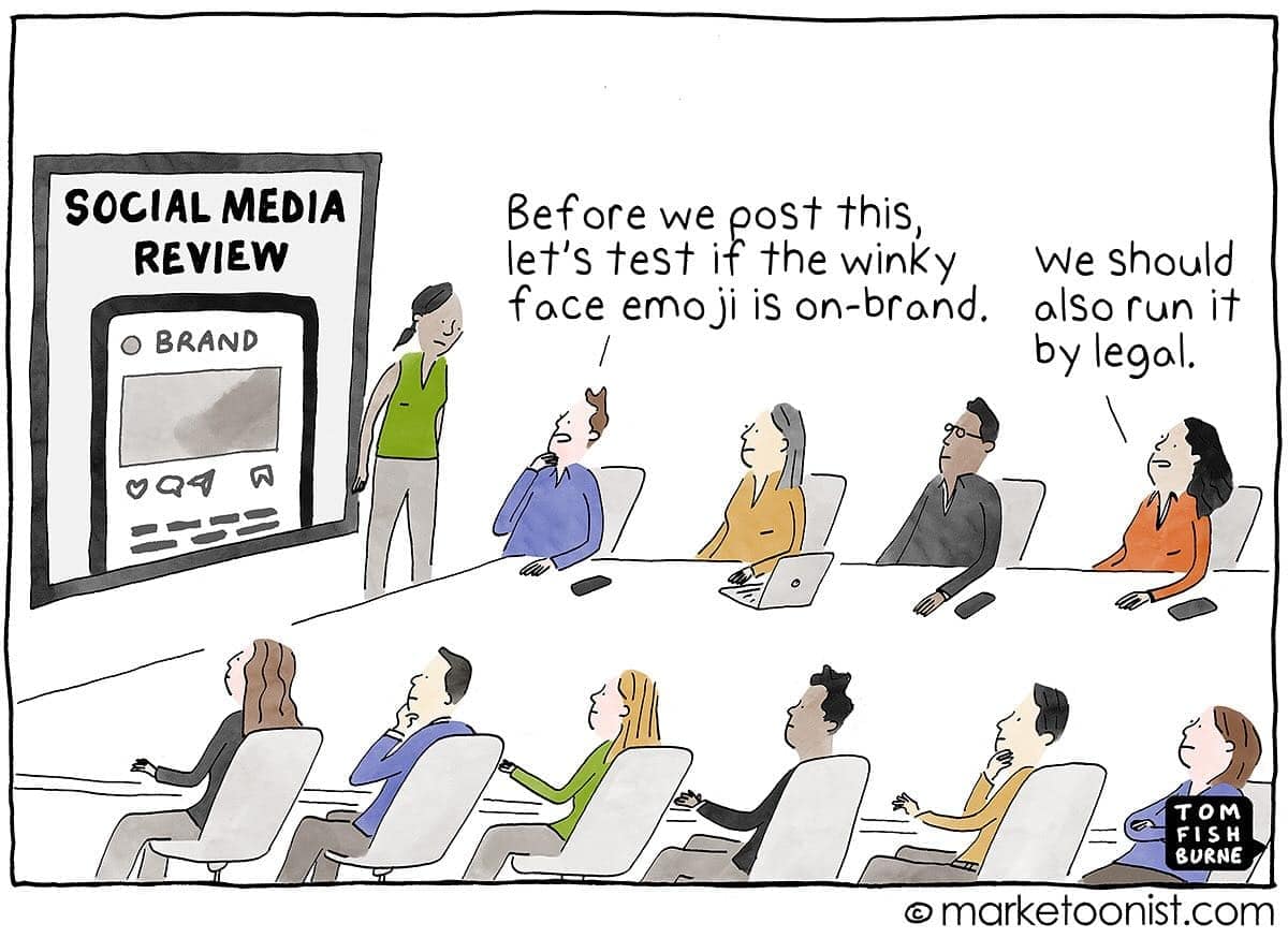 Boardroom reviews a social post, debating if a winky emoji is “on-brand” and should go to legal.