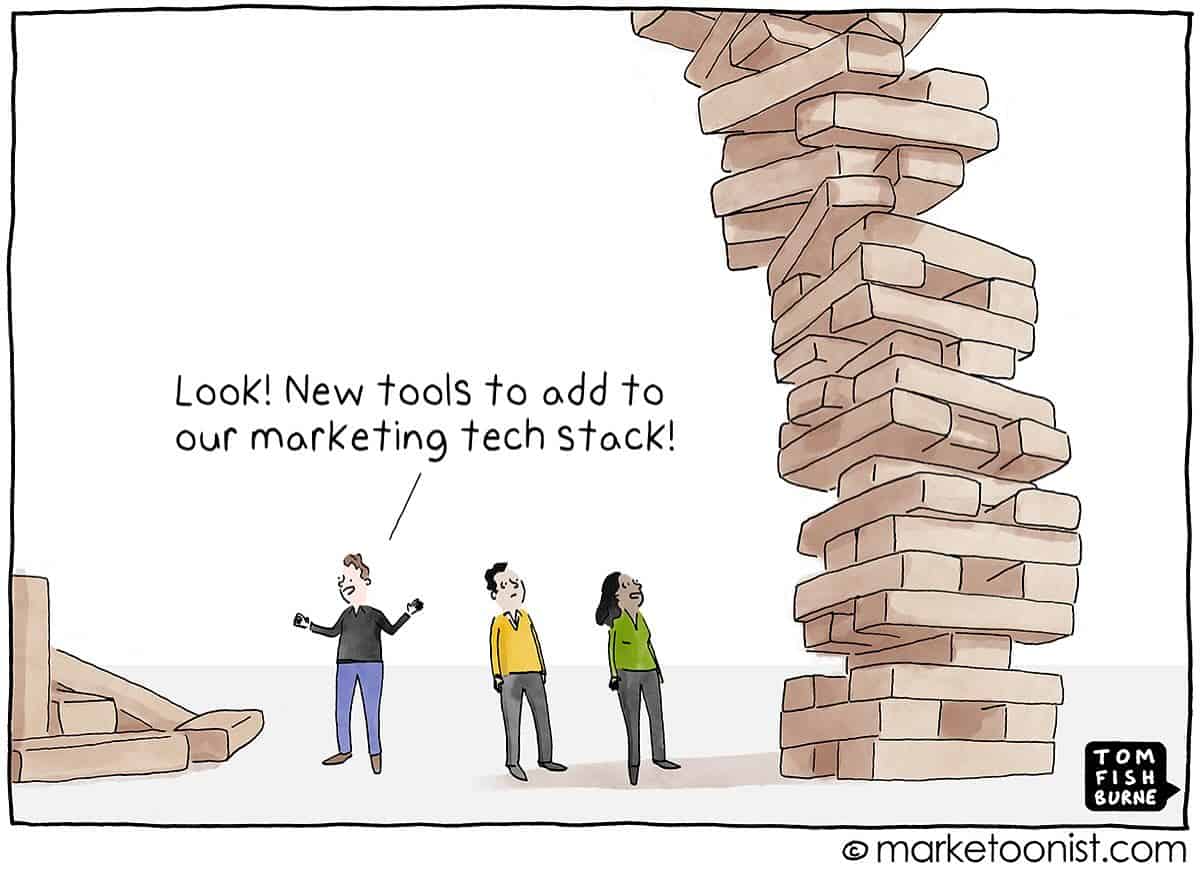 Towering, wobbly Jenga-style martech stack as a marketer celebrates adding more tools.