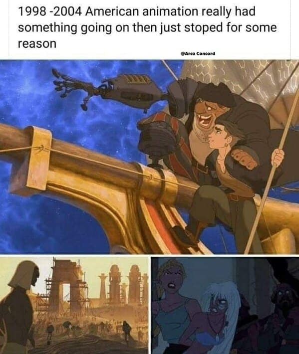 A funny Disney meme praising the unique animation style of movies from 1998 to 2004 like Atlantis.