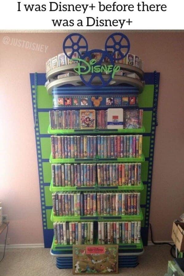 A funny Disney meme showing a huge collection of Disney VHS tapes, the original Disney+.